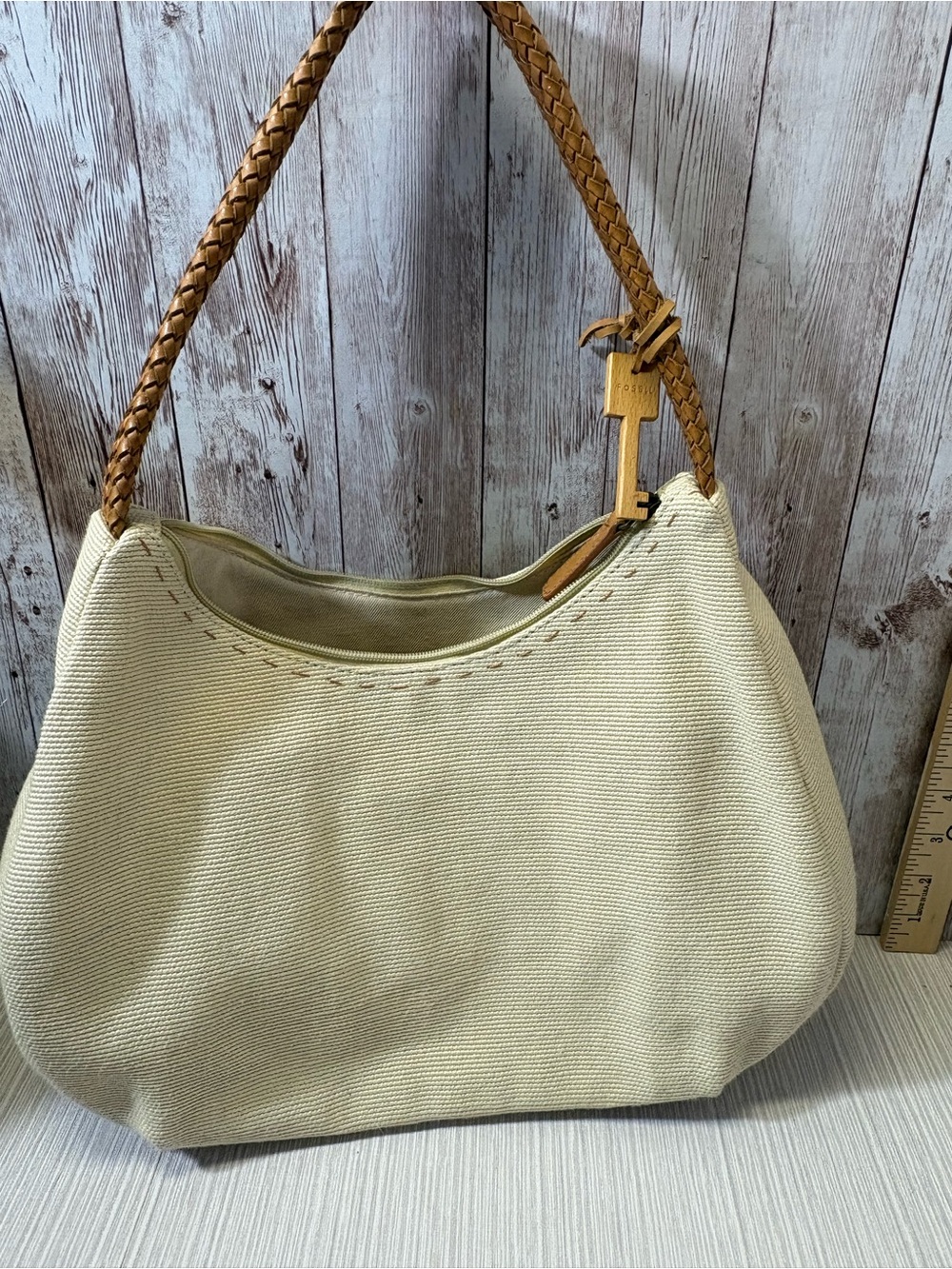 Fossil Y2K Cream Woven Shoulder Bag with Braided leather Handle